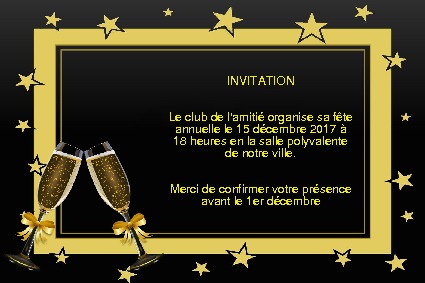 Un carton d'invitation doré, orné de 2 coupes de champagne pour un évènement festif.
