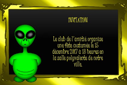 An invitation card decorated with a green alien for a costume party.
